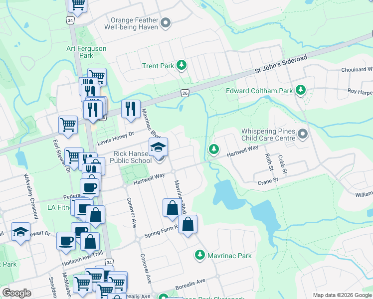 map of restaurants, bars, coffee shops, grocery stores, and more near 35 Cosford Street in Aurora