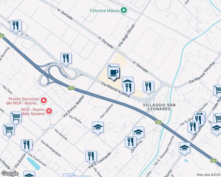 map of restaurants, bars, coffee shops, grocery stores, and more near 32 Via Massa Avenza in Massa