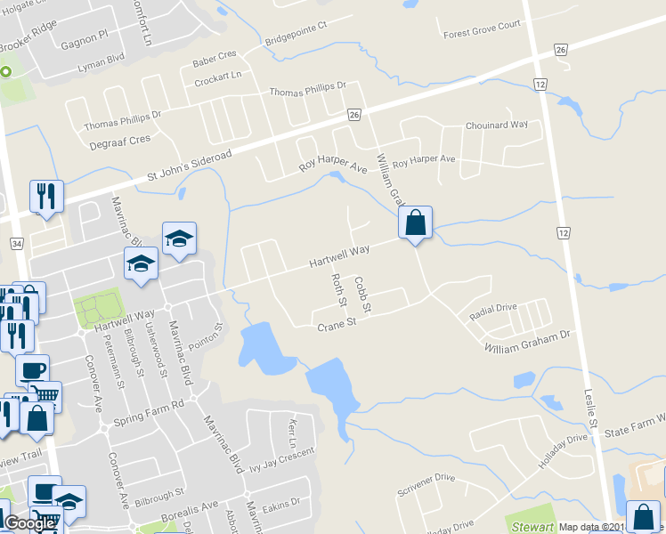 map of restaurants, bars, coffee shops, grocery stores, and more near 97 Roth Street in Aurora