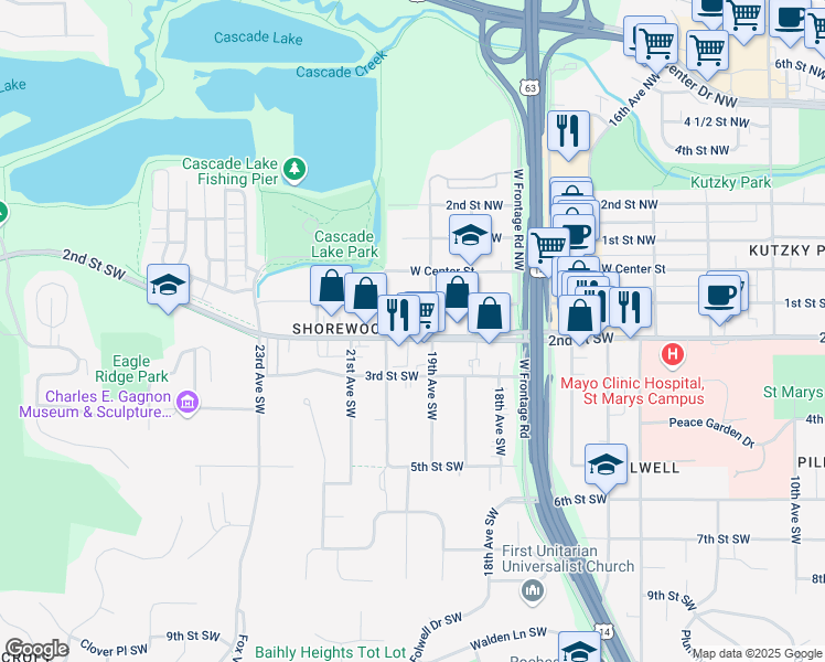 map of restaurants, bars, coffee shops, grocery stores, and more near 1923 2nd St SW in Rochester