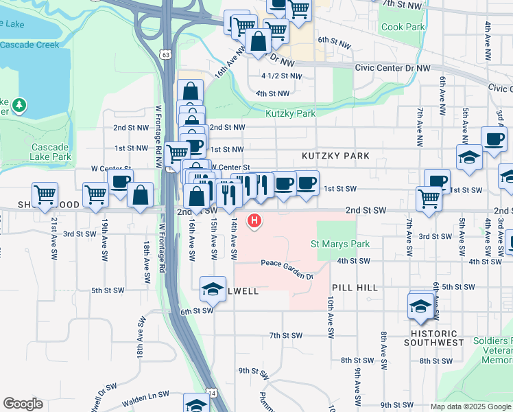 map of restaurants, bars, coffee shops, grocery stores, and more near 1227 2nd Street Southwest in Rochester