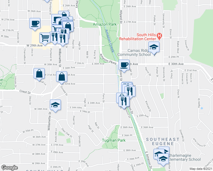 map of restaurants, bars, coffee shops, grocery stores, and more near 524 East 32nd Avenue in Eugene