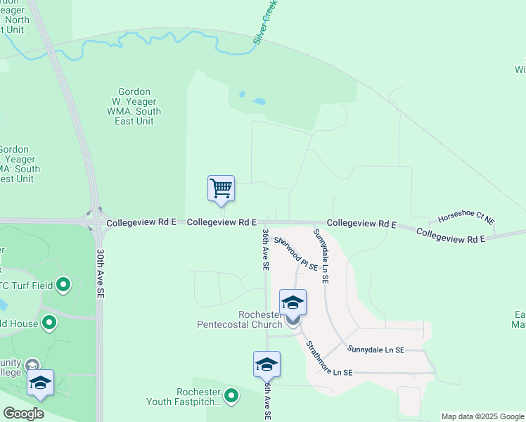 map of restaurants, bars, coffee shops, grocery stores, and more near 3545 Collegeview Road East in Rochester