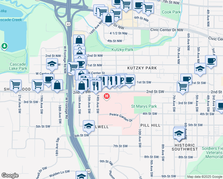 map of restaurants, bars, coffee shops, grocery stores, and more near 1227 2nd Street Southwest in Rochester