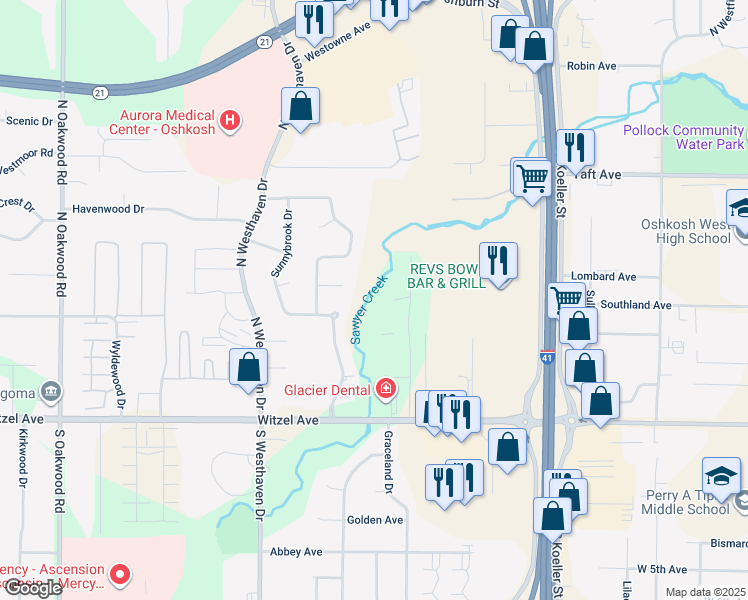 map of restaurants, bars, coffee shops, grocery stores, and more near 2230 Brookview Court in Oshkosh
