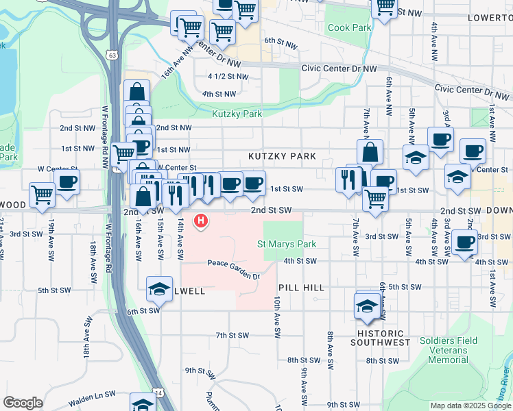 map of restaurants, bars, coffee shops, grocery stores, and more near 1102 2nd Street Southwest in Rochester