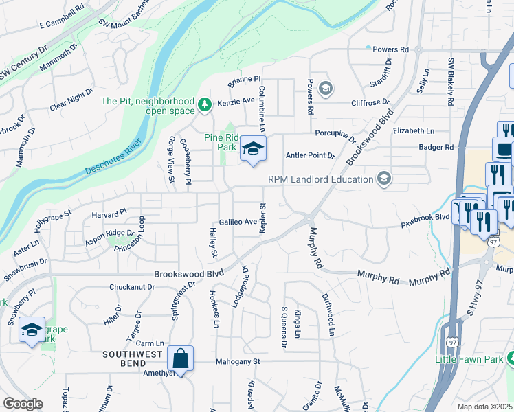 map of restaurants, bars, coffee shops, grocery stores, and more near 61187 Kepler Street in Bend