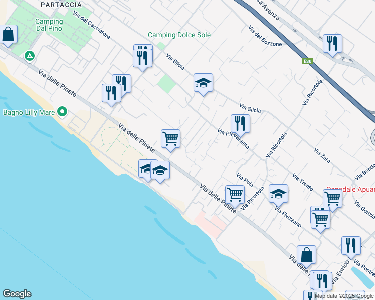 map of restaurants, bars, coffee shops, grocery stores, and more near 86 Via del Casone in Marina di Massa