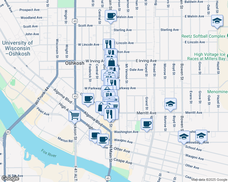 map of restaurants, bars, coffee shops, grocery stores, and more near 582 North Main Street in Oshkosh