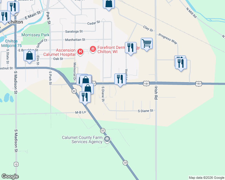 map of restaurants, bars, coffee shops, grocery stores, and more near 533 Calumet Street in Chilton