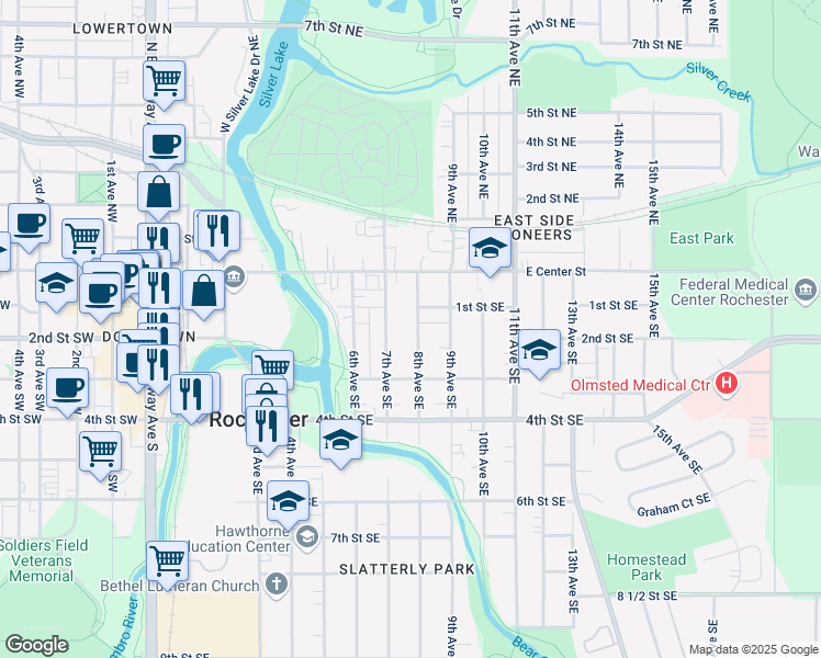 map of restaurants, bars, coffee shops, grocery stores, and more near 119 8th Avenue Southeast in Rochester
