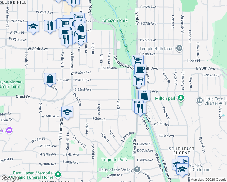 map of restaurants, bars, coffee shops, grocery stores, and more near 468 East 32nd Avenue in Eugene