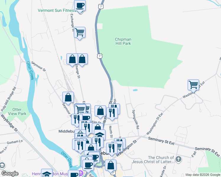 map of restaurants, bars, coffee shops, grocery stores, and more near 92 North Pleasant Street in Middlebury