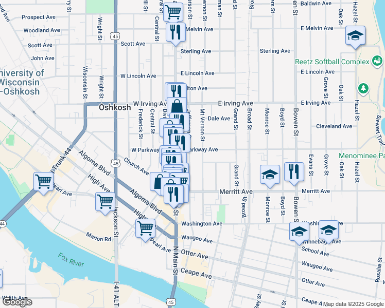 map of restaurants, bars, coffee shops, grocery stores, and more near 576 Jefferson Street in Oshkosh