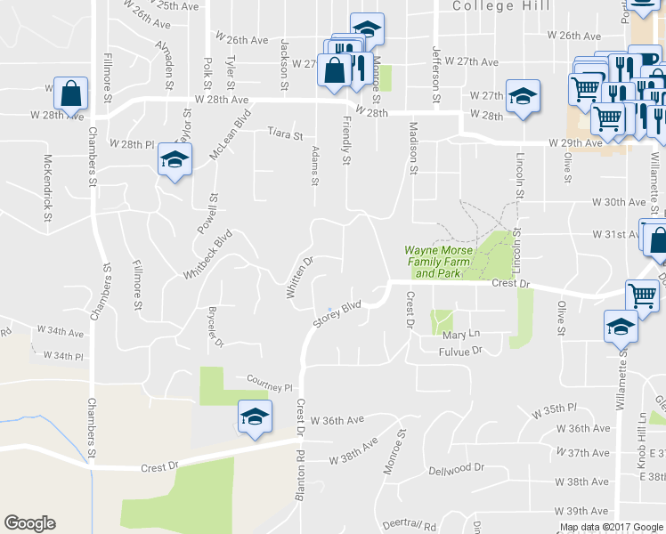map of restaurants, bars, coffee shops, grocery stores, and more near 3115 Whitten Drive in Eugene