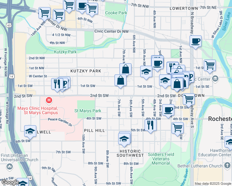 map of restaurants, bars, coffee shops, grocery stores, and more near 723 2nd Street Southwest in Rochester