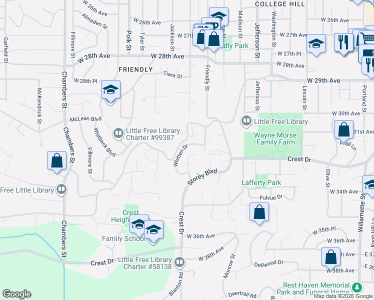 map of restaurants, bars, coffee shops, grocery stores, and more near 3160 Whitten Drive in Eugene