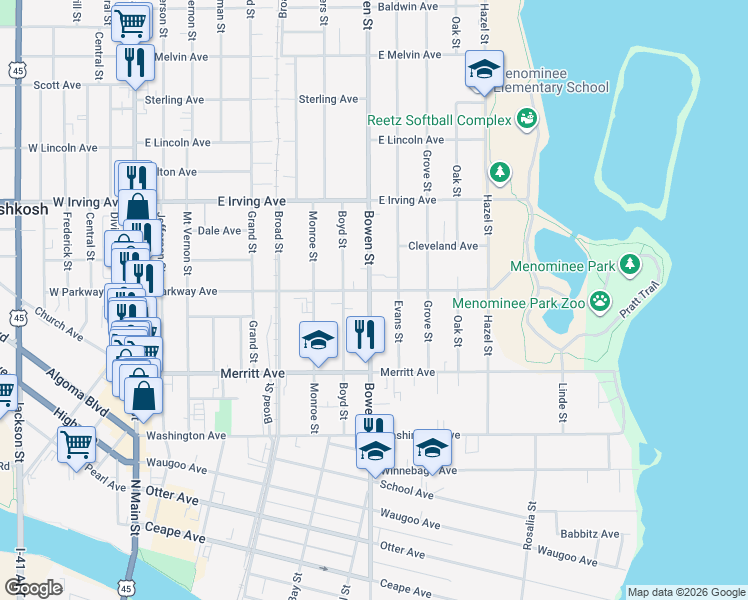 map of restaurants, bars, coffee shops, grocery stores, and more near 811 East Parkway Avenue in Oshkosh