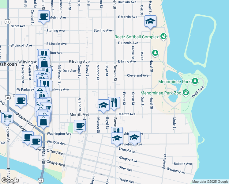 map of restaurants, bars, coffee shops, grocery stores, and more near 811 East Parkway Avenue in Oshkosh