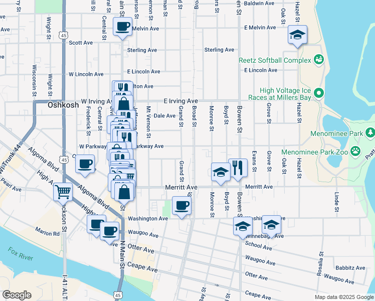 map of restaurants, bars, coffee shops, grocery stores, and more near 415 East Parkway Avenue in Oshkosh