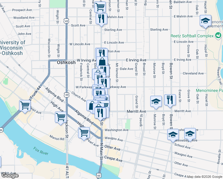 map of restaurants, bars, coffee shops, grocery stores, and more near 576 Jefferson Street in Oshkosh
