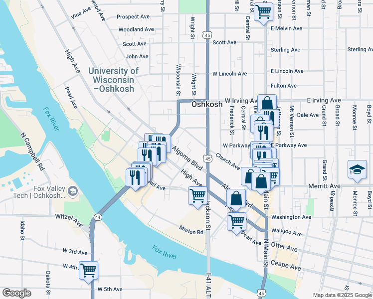map of restaurants, bars, coffee shops, grocery stores, and more near 550 Algoma Boulevard in Oshkosh