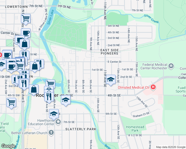 map of restaurants, bars, coffee shops, grocery stores, and more near 120 9th Avenue Southeast in Rochester