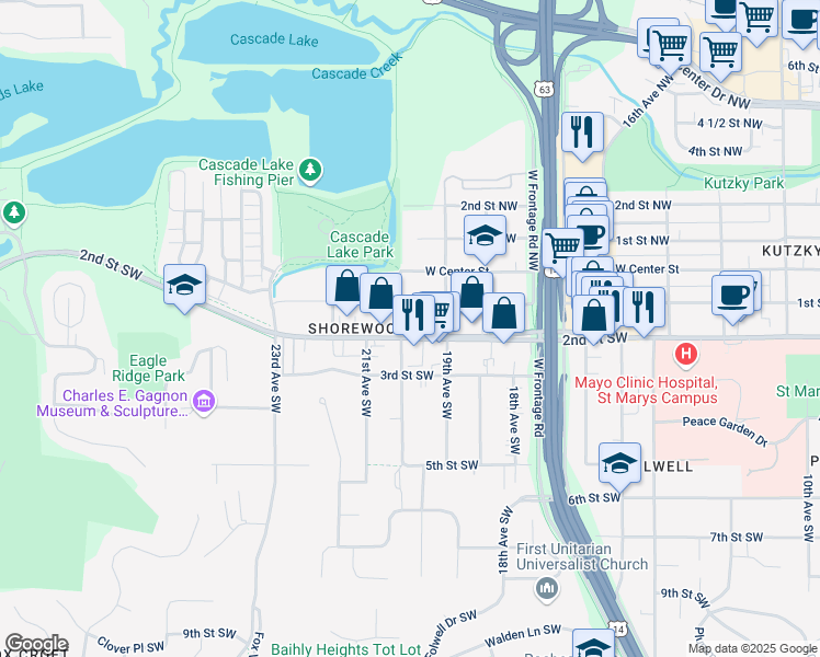 map of restaurants, bars, coffee shops, grocery stores, and more near 1923 2nd Street Southwest in Rochester