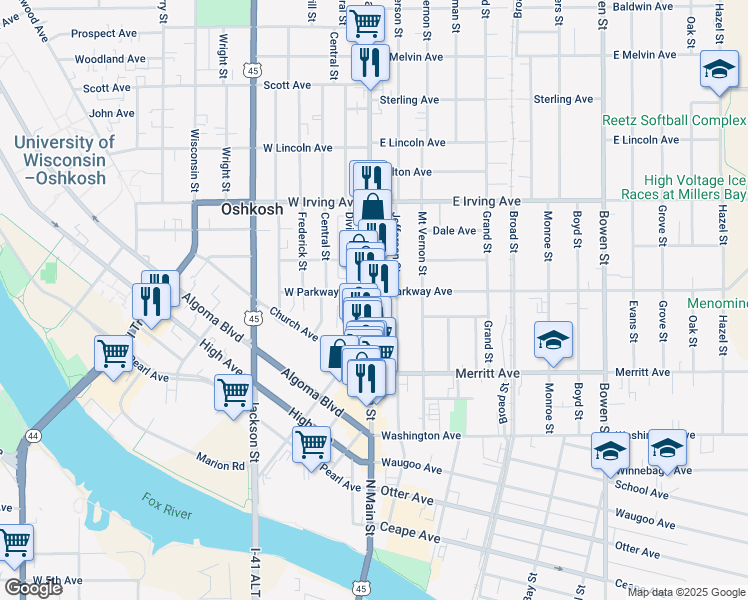 map of restaurants, bars, coffee shops, grocery stores, and more near 582 North Main Street in Oshkosh