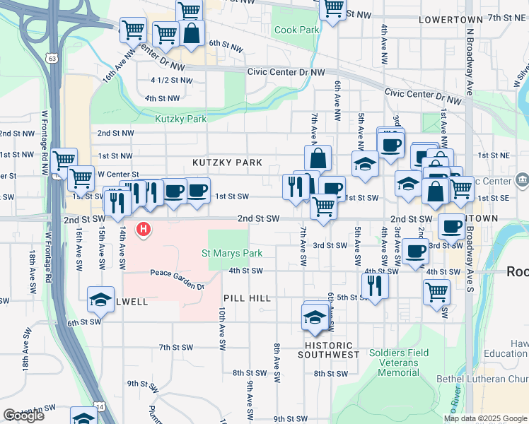 map of restaurants, bars, coffee shops, grocery stores, and more near 839 2nd Street Southwest in Rochester