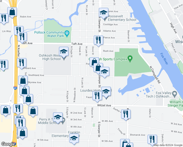 map of restaurants, bars, coffee shops, grocery stores, and more near 309 Dove Street in Oshkosh