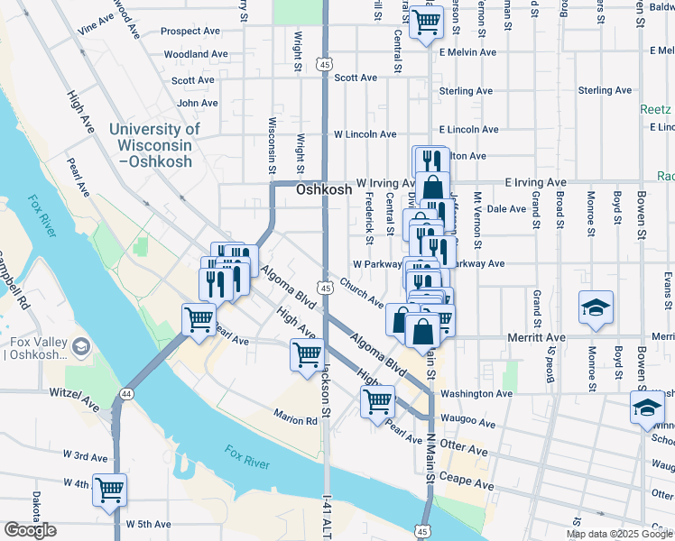 map of restaurants, bars, coffee shops, grocery stores, and more near 318 Church Avenue in Oshkosh