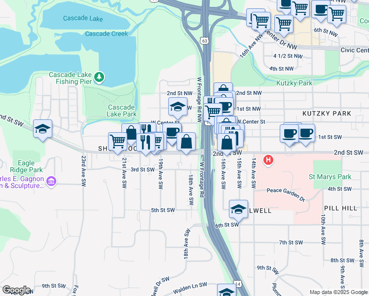 map of restaurants, bars, coffee shops, grocery stores, and more near 1751 2nd Street Southwest in Rochester