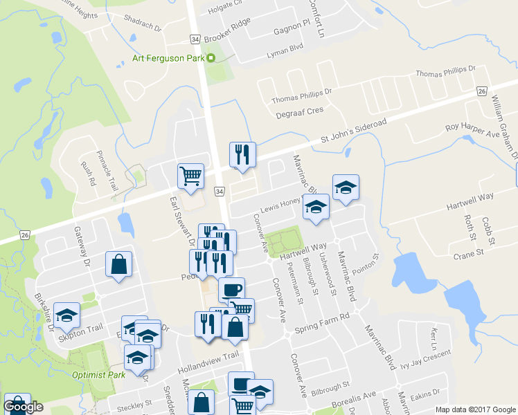 map of restaurants, bars, coffee shops, grocery stores, and more near 84 Lewis Honey Drive in Aurora