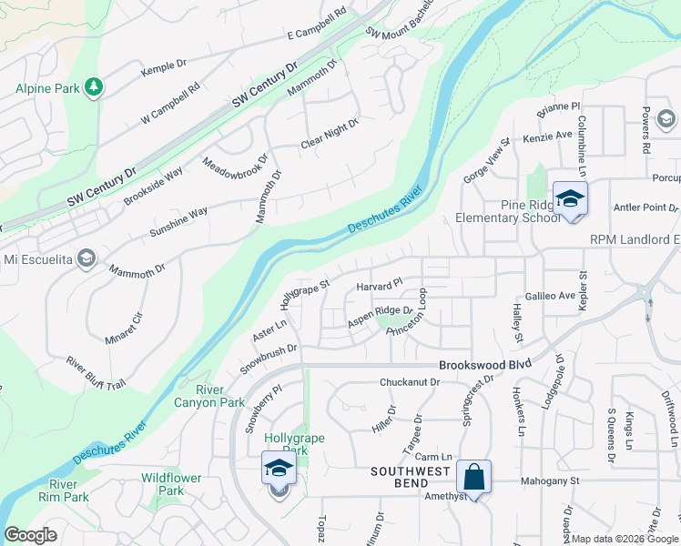 map of restaurants, bars, coffee shops, grocery stores, and more near 19612 Hollygrape Street in Bend