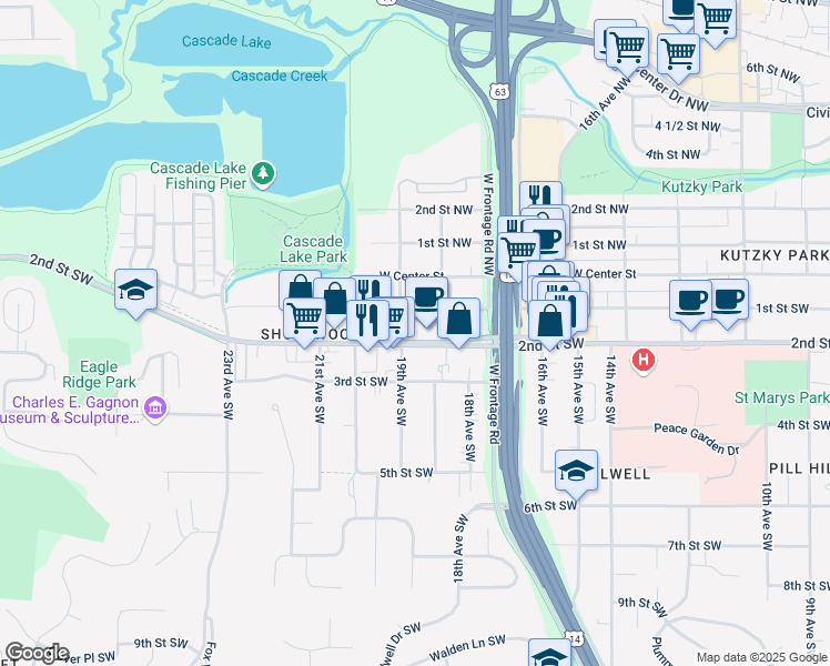 map of restaurants, bars, coffee shops, grocery stores, and more near 1827 2nd Street Southwest in Rochester