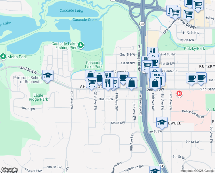 map of restaurants, bars, coffee shops, grocery stores, and more near 1923 2nd Street Southwest in Rochester