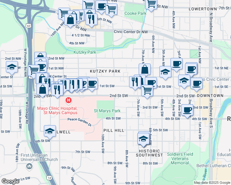 map of restaurants, bars, coffee shops, grocery stores, and more near 857 2nd Street Southwest in Rochester