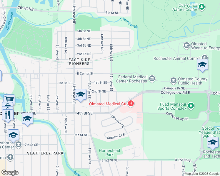 map of restaurants, bars, coffee shops, grocery stores, and more near 117 15th Avenue Southeast in Rochester