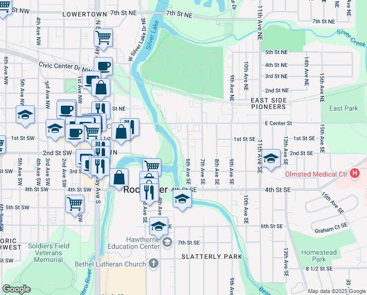 map of restaurants, bars, coffee shops, grocery stores, and more near 123 6th Avenue Southeast in Rochester