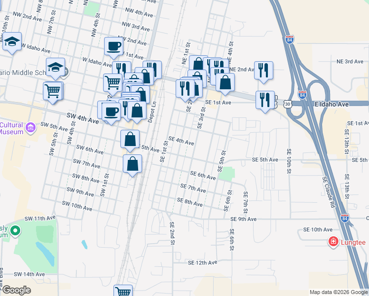 map of restaurants, bars, coffee shops, grocery stores, and more near 438 SE 2nd St in Ontario