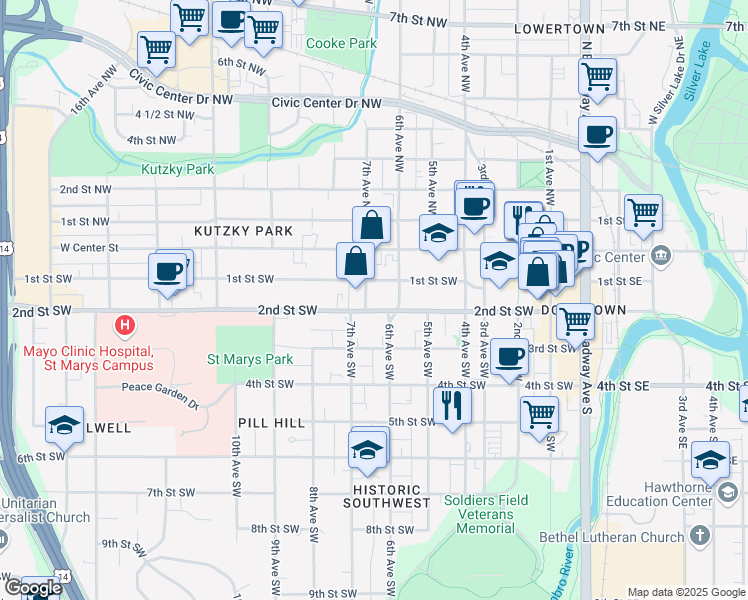 map of restaurants, bars, coffee shops, grocery stores, and more near 150 7th Avenue Northwest in Rochester