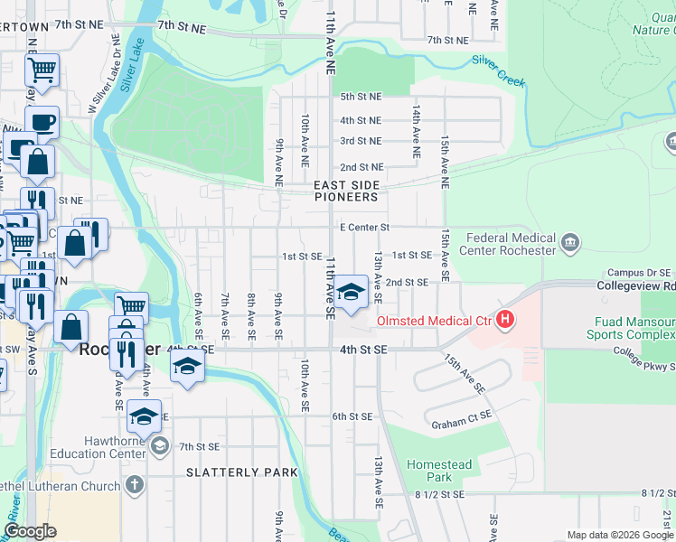 map of restaurants, bars, coffee shops, grocery stores, and more near 117 12th Avenue Southeast in Rochester