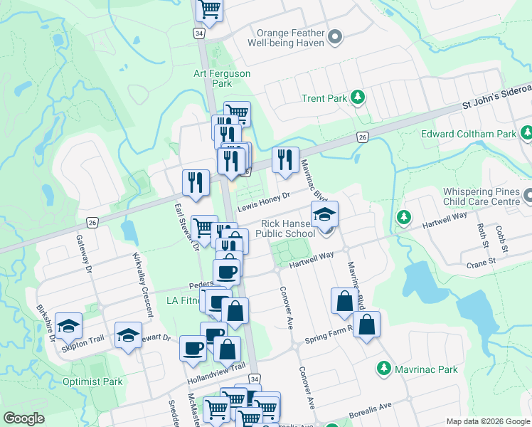 map of restaurants, bars, coffee shops, grocery stores, and more near 84 Lewis Honey Drive in Aurora