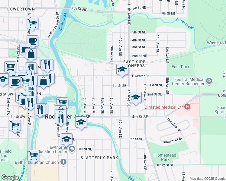 map of restaurants, bars, coffee shops, grocery stores, and more near 120 9th Avenue Southeast in Rochester
