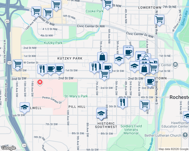 map of restaurants, bars, coffee shops, grocery stores, and more near 723 2nd Street Southwest in Rochester