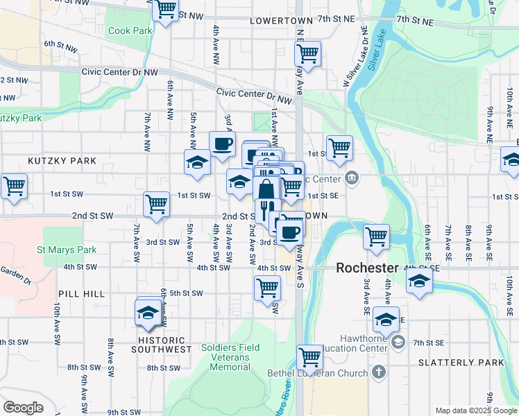 map of restaurants, bars, coffee shops, grocery stores, and more near 100 2nd Street Southwest in Rochester