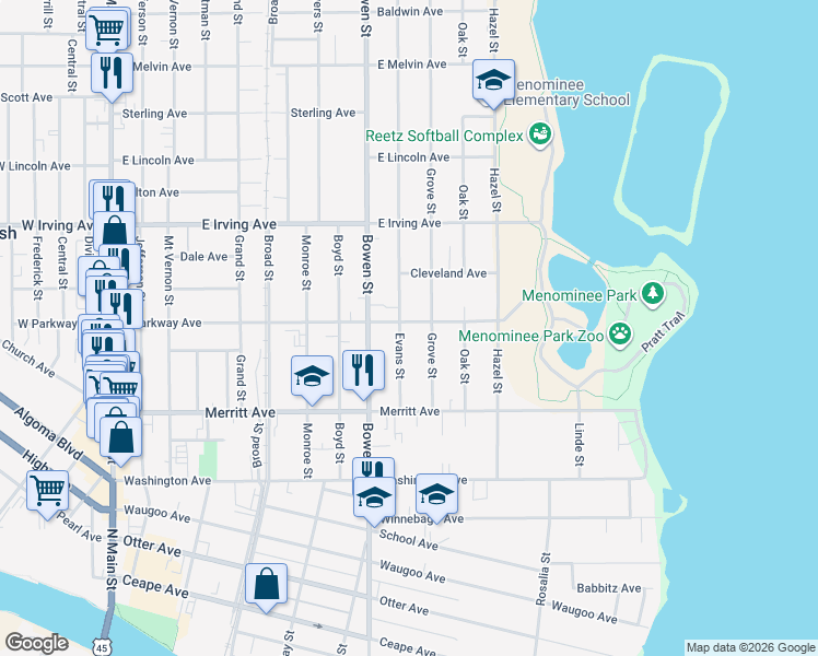 map of restaurants, bars, coffee shops, grocery stores, and more near in Oshkosh
