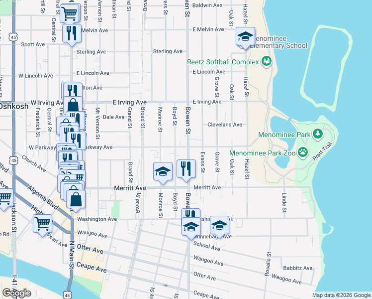 map of restaurants, bars, coffee shops, grocery stores, and more near 811 East Parkway Avenue in Oshkosh