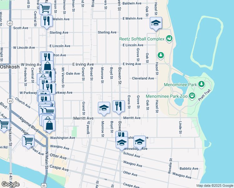map of restaurants, bars, coffee shops, grocery stores, and more near 705 East Parkway Avenue in Oshkosh